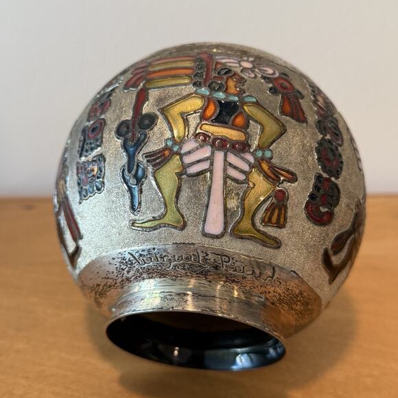 Vintage Miguel Pineda Champleve Enamel Bowl Vase Neo Mayan Mexico Silver Plated - Picture 7 of 7